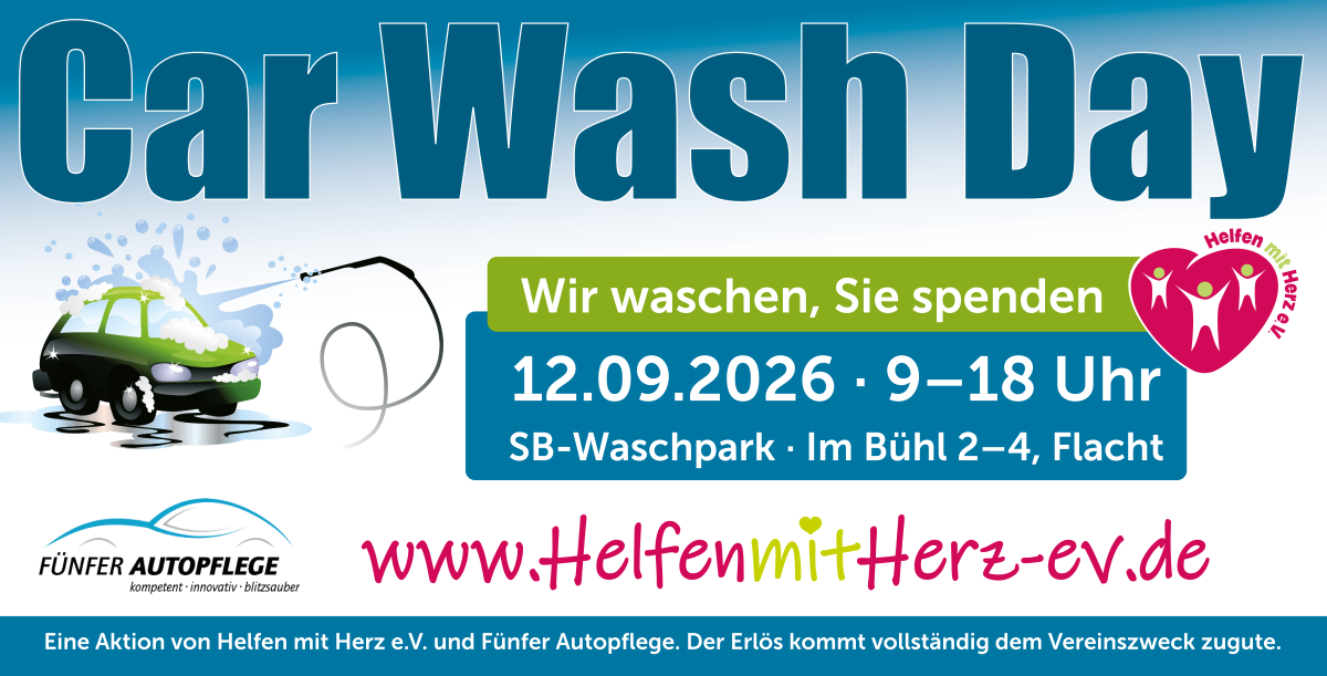 Werbebanner für den Car Wash Day 2026 in Flacht, einer Spendenaktion von Helfen mit Herz e.V. und Fünfer Autopflege für einen guten Zweck.